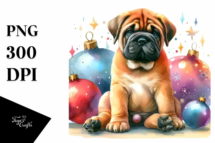 Cute Watercolor Bullmastiff with Christmas Globes