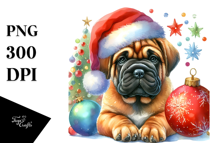 Cute Watercolor Bullmastiff with Christmas Globes