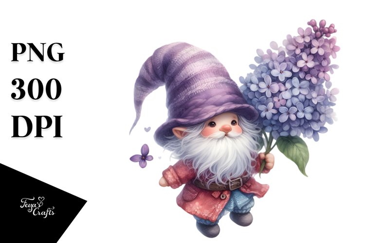Floating Gnome with Large Lilac, Vibrant PNG