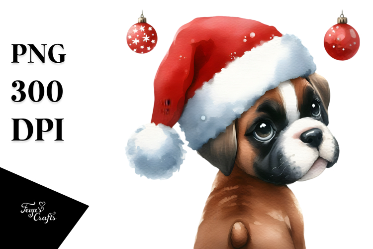 Cute Watercolor Boxer with Santa Hat