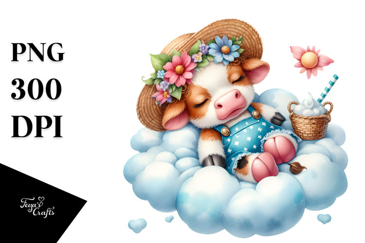Vibrant Baby Cow Sleeping on the Cloud PNG