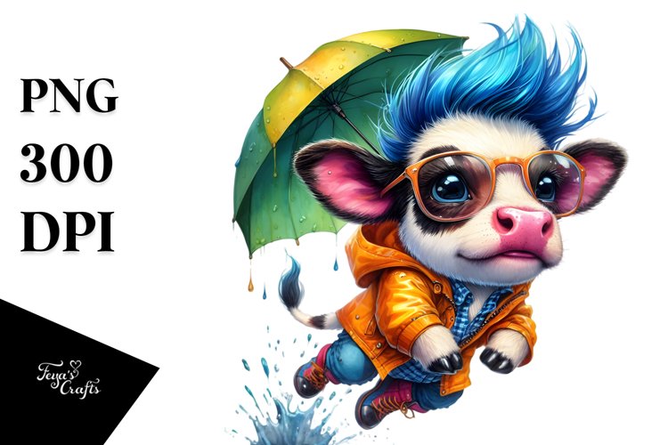 Watercolor Baby Cow with Cool Haircut PNG