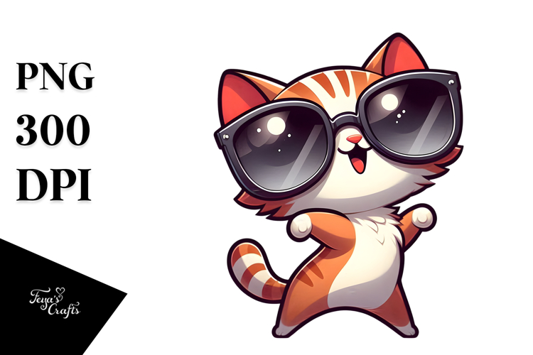 Goofy Cartoon Kitten with Oversized Sunglasses, Whimsical