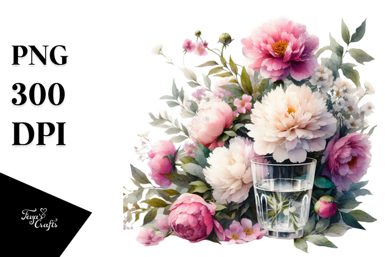 Watercolor Jar Peonies Scene | Clipart