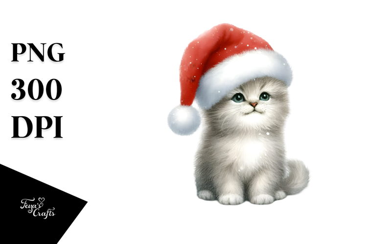 Cute Watercolor Cat Wearing Santa Hat