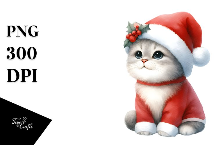 Cute Watercolor Cat Wearing Santa Hat
