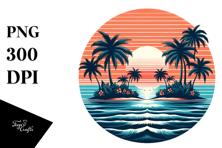 Retro Tropical Island Sunset PNG