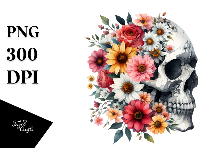 Colorful Skull with Flowers, PNG
