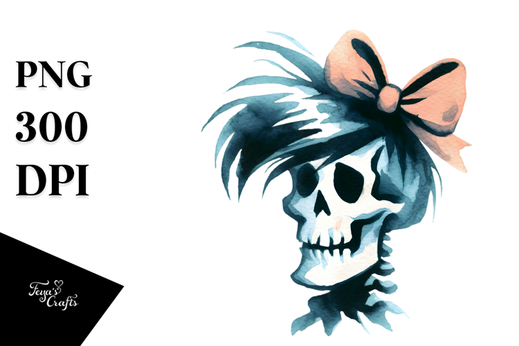 Skull with Hair and Bow Retro Halloween PNG