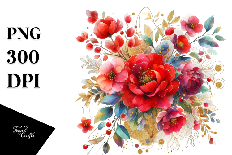 Colorful Watercolor with Red Flowers, PNG