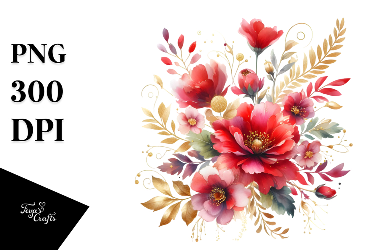 Colorful Watercolor with Red Flowers, PNG