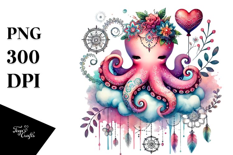 Boho Octopus on Cloud Holding Heart PNG
