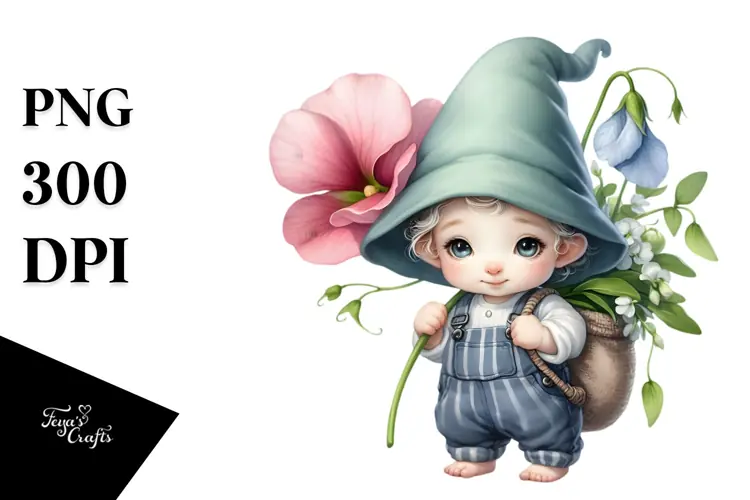 Baby Gnome with Sweet Pea PNG