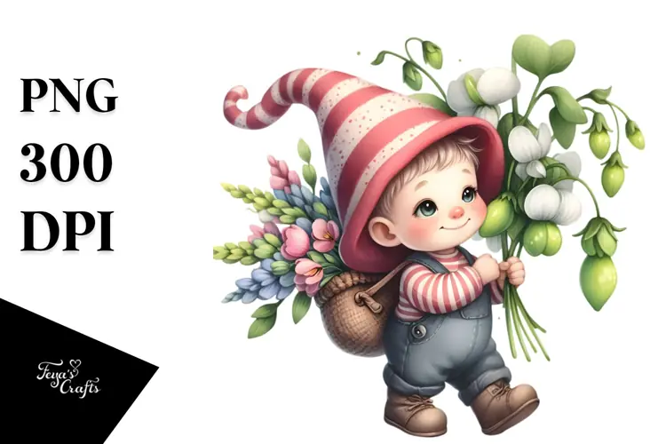 Cute Watercolor Baby Gnome with Sweet Pea PNG