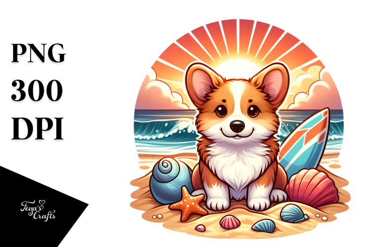 Cute Corgi at Sunset on Beach | Clipart