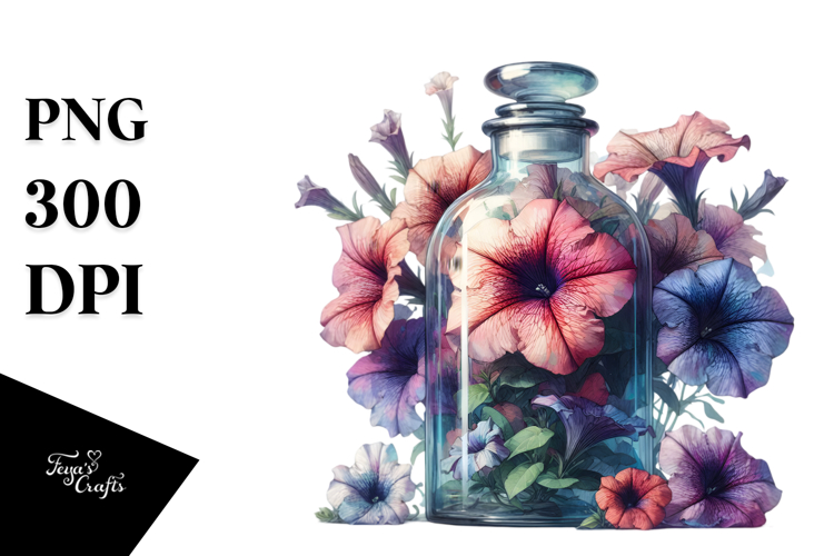 Abstract Watercolor Bottle with Petunia | Clipart