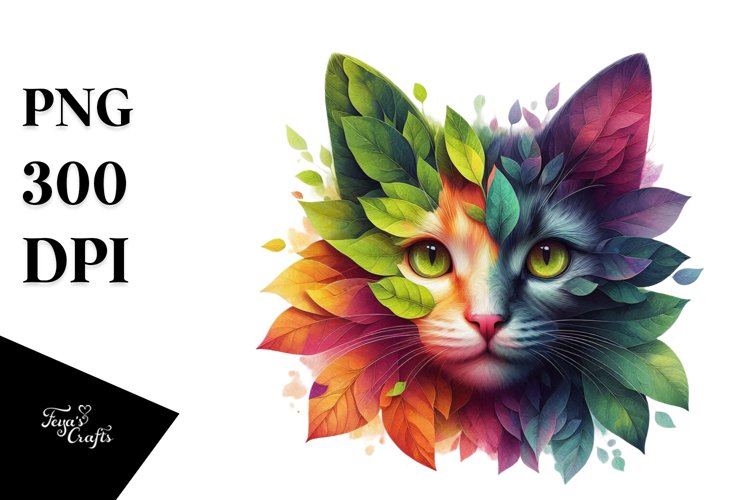 Abstract Vibrant Watercolor Kitten with Plant Leaves,