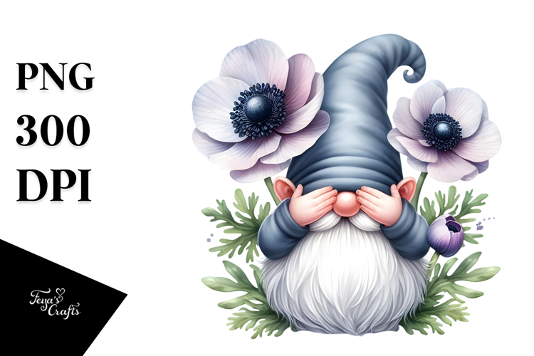 Cute Gnome with Big Hat and Anemone PNG