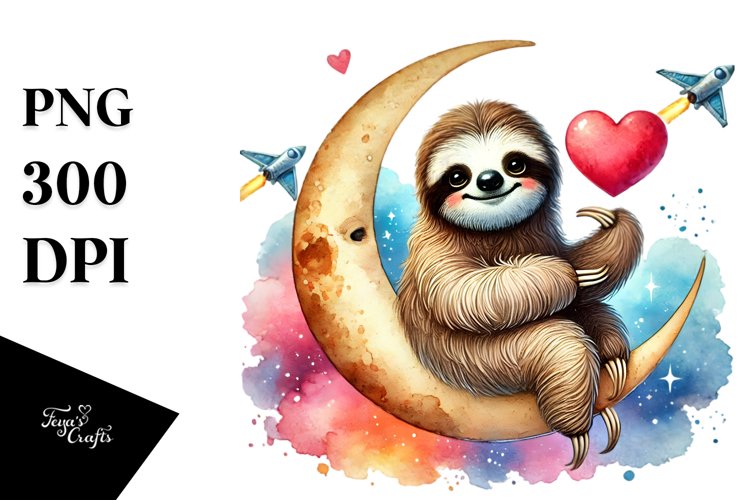 Colorful Sloth on Moon Holding Heart PNG