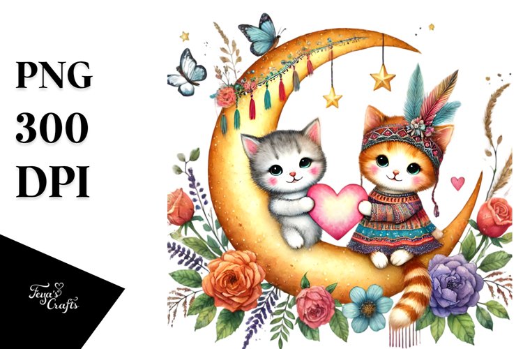 Boho Baby Cat on Moon, Transparent PNG