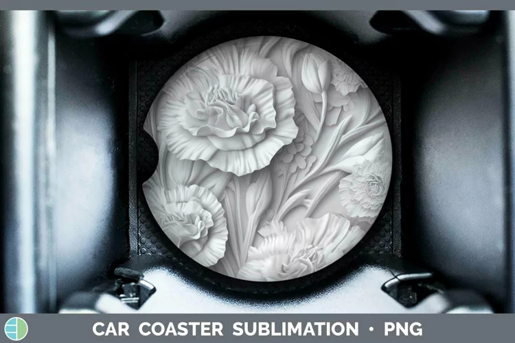 White 3D Sculpture Carnation Car Coaster Sublimation Coaster