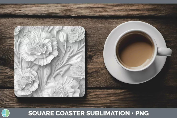 White 3D Sculpture Carnation Square Coaster Sublimation Coas