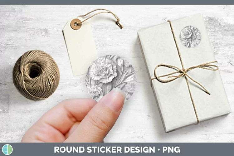 White 3D Sculpture Carnation Stickers | Round Labels Designs