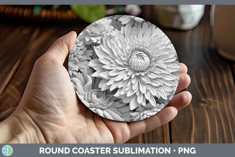 White 3D Sculpture Chrysanthemum Round Coaster Sublimation C