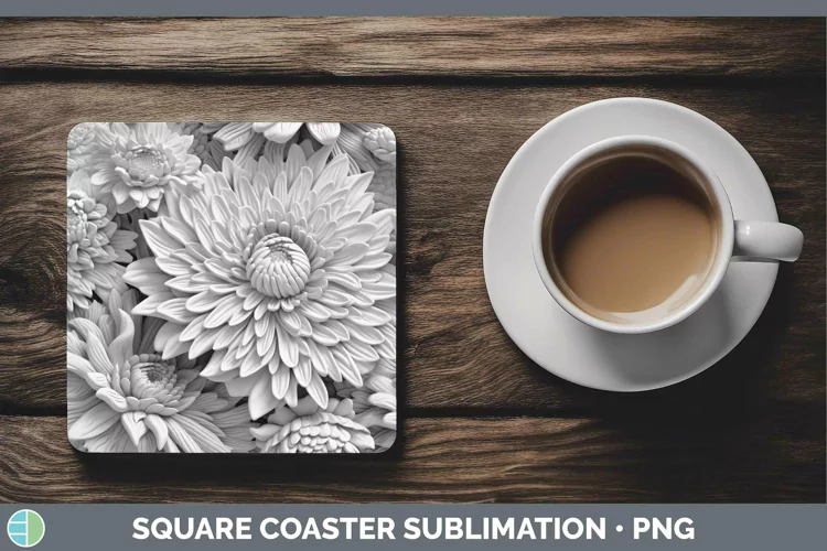 White 3D Sculpture Chrysanthemum Square Coaster Sublimation