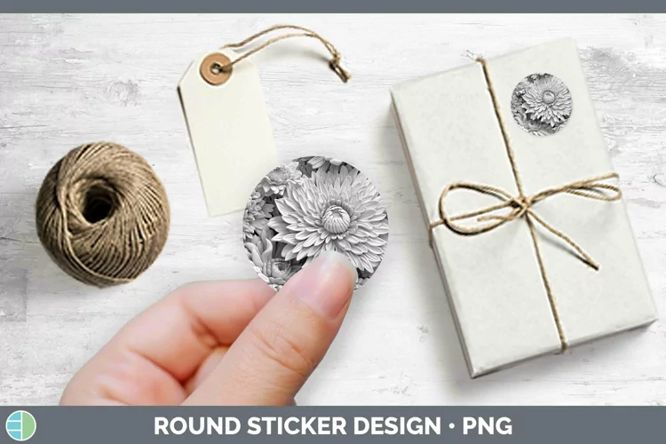 White 3D Sculpture Chrysanthemum Stickers | Round Labels Des