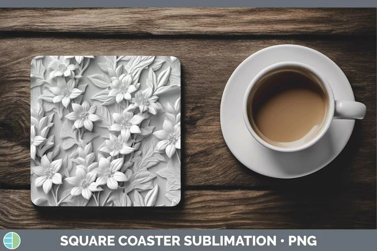 White 3D Sculpture Delphinium Square Coaster Sublimation Coa
