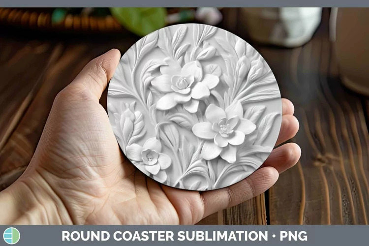 White 3D Sculpture Freesia Round Coaster Sublimation Coaster