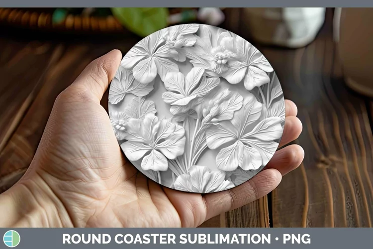 White 3D Sculpture Geranium Round Coaster Sublimation Coaste
