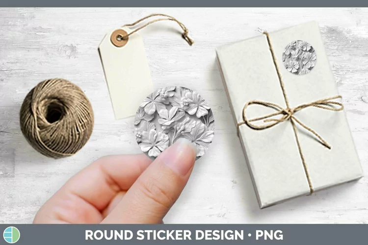 White 3D Sculpture Geranium Stickers | Round Labels Designs