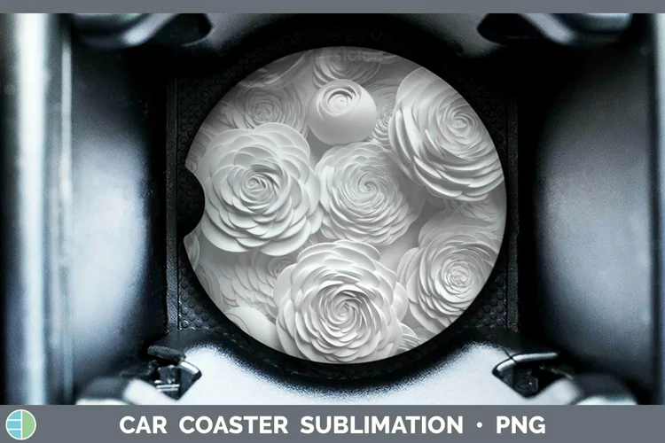 White 3D Sculpture Ranunculus Car Coaster Sublimation Coaste