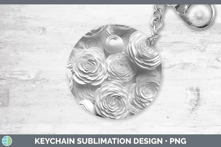 White 3D Sculpture Ranunculus Keychain Sublimation Keyring D