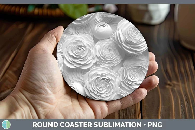 White 3D Sculpture Ranunculus Round Coaster Sublimation Coas