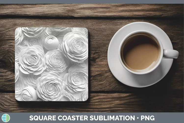White 3D Sculpture Ranunculus Square Coaster Sublimation Coa