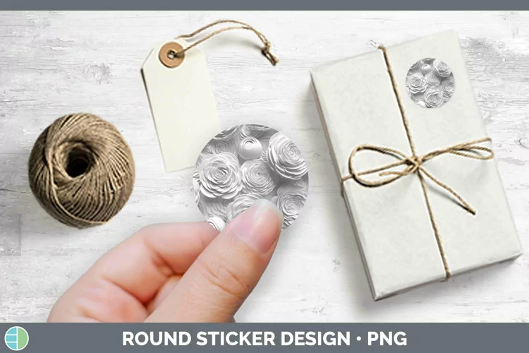 White 3D Sculpture Ranunculus Stickers | Round Labels Design