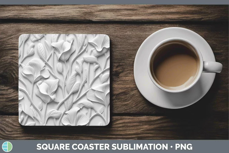 White 3D Sculpture Sweet Pea Square Coaster Sublimation Coas