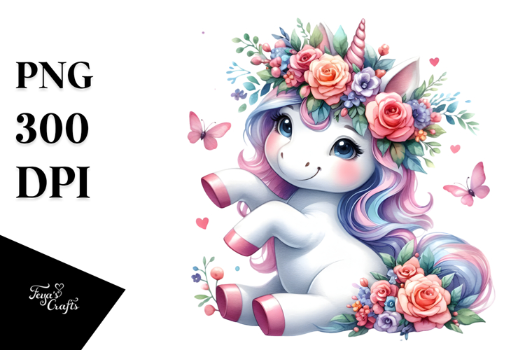 Cute Unicorn Playing with Floral Wreath PNG