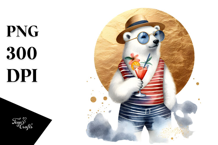 Watercolor Polar Bear in Beachwear PNG example image 1