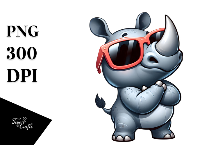 Cute Cartoon Rhino with Oversized Sunglasses, Transparent