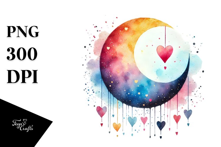 Digital Painting of Watercolor Moon with Hanging Hearts