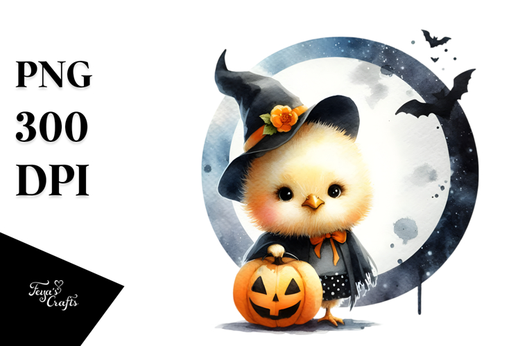 Washed Watercolor Chicken on Halloween Moon, PNG