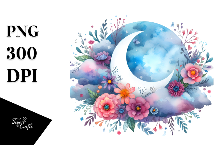 Vibrant Wimsical Moon Flowers Clouds | Sublimation | Clipart
