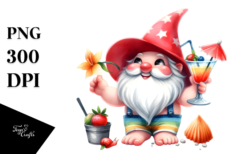 Whimsical Gnome in Beachwear Drinking Cocktail