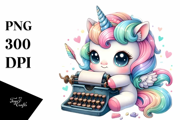 Colorful Baby Unicorn with Typewriter PNG