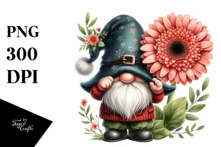 Cute Gnome with Gerbera Floral Ornament PNG