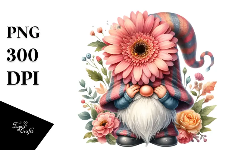 Cute Gnome with Gerbera Floral Ornament PNG